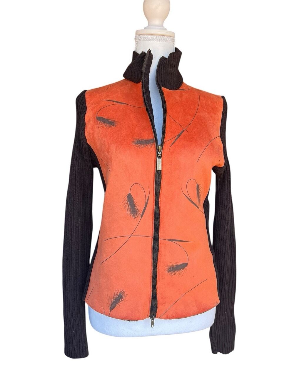 Robert Kitchen Faux Suede Zip Sweater Fall Feather/ Animal Print Reversible S